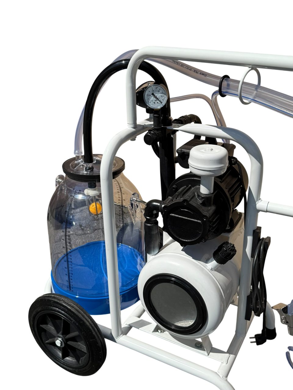 Minimilker "Ziege Classic" mit Vakuumtank, ITP Ziegen Melkzeug, Silikon Zitzengummis, Vakuumuhr und Vakuumregler, 30 ltr. Kunststoff Eimer, Vakuumpumpe 220 V, 200L/min, Black Milk Pulsator und PVC Schläuche