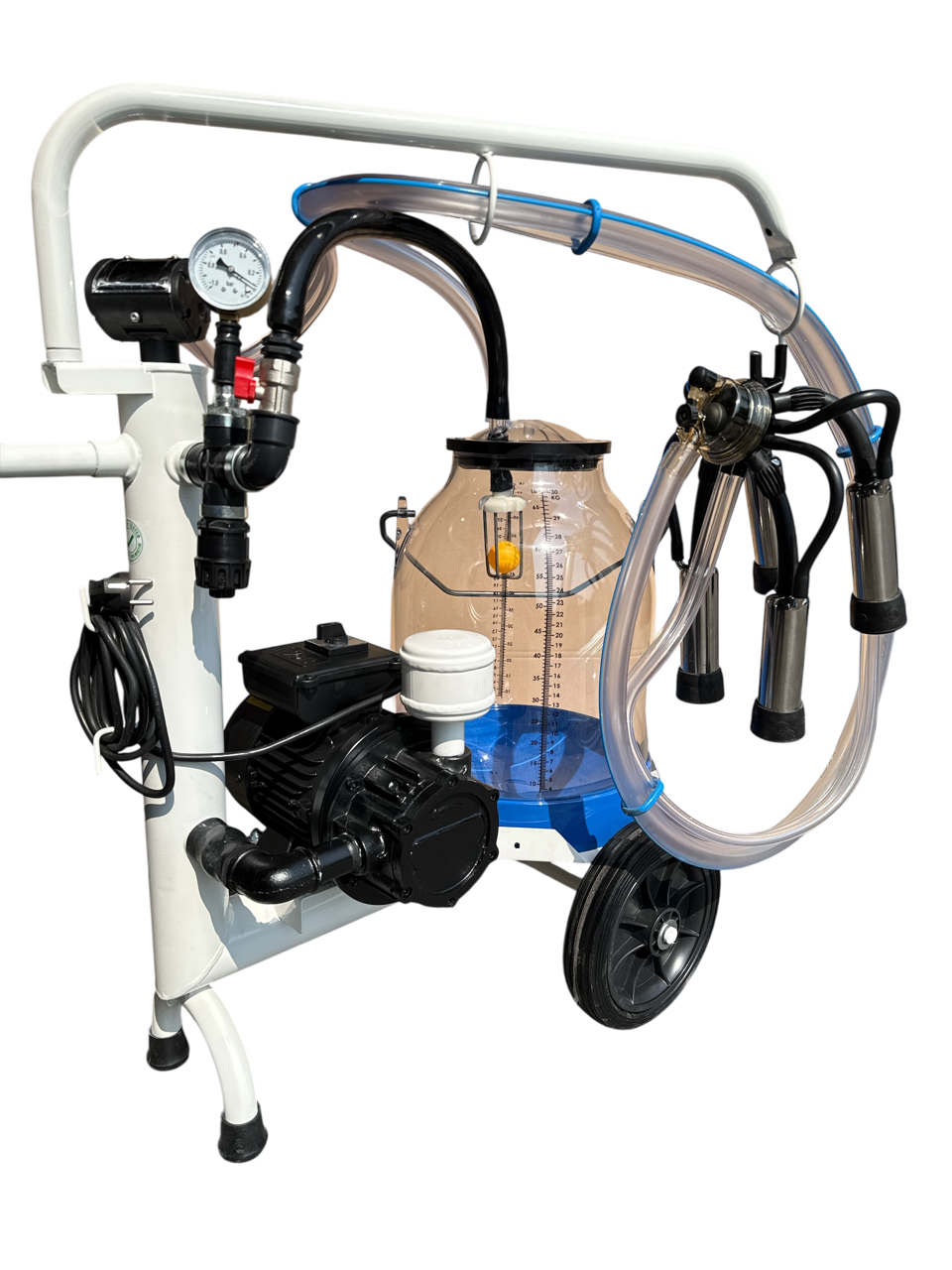 Minimilker für Kühe ohne Vakuumtank und 230 V Vakuumpumpe 200 L/min, Black Milk Pulsator 60:40, Vakuumuhr, blauen 30 Liter Kunststoff Eimer mit Deckel, mit kompl. HCC150 Melkzeug und PVC- Schläuchen