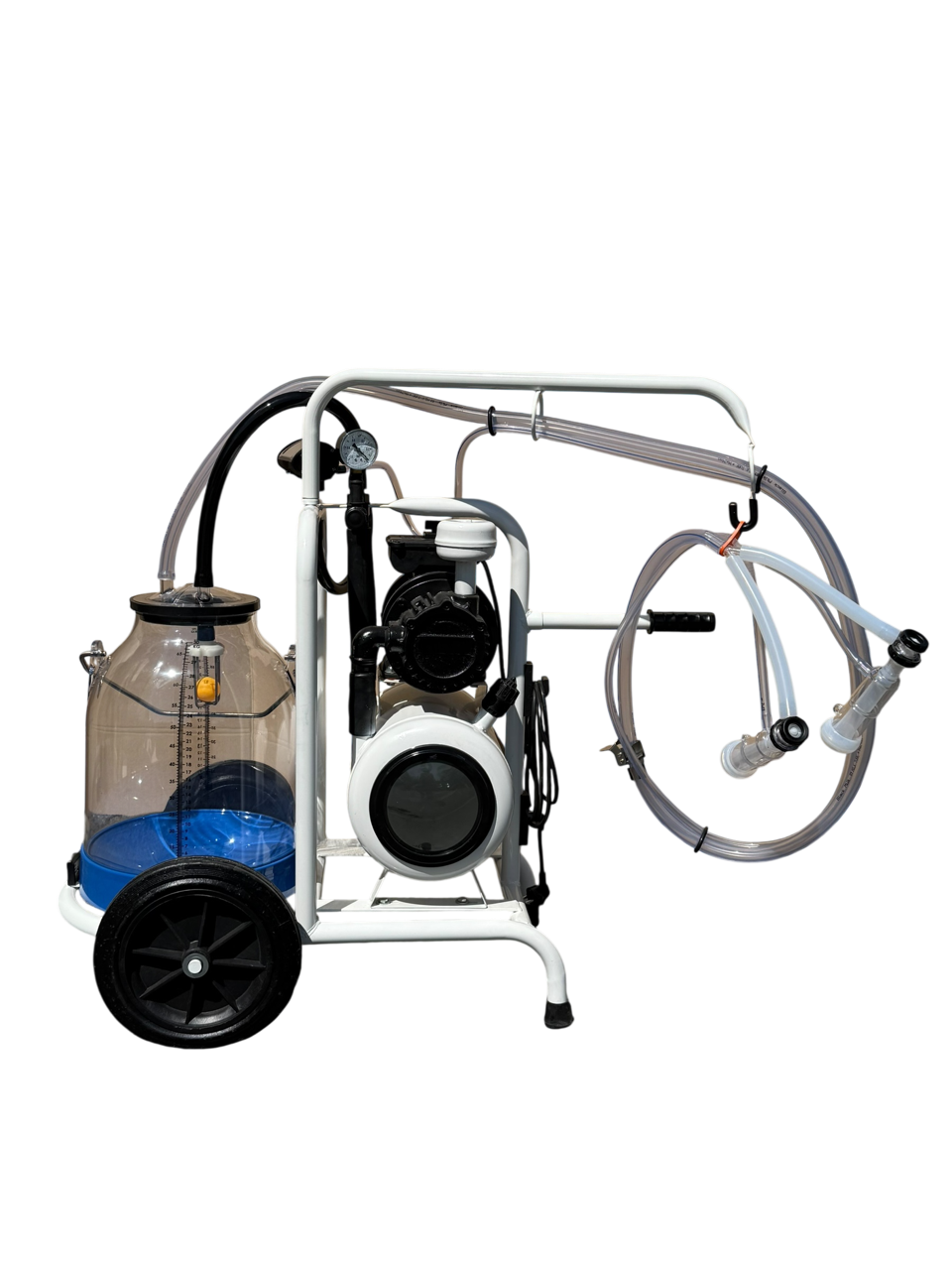 Minimilker "Ziege Classic" mit Vakuumtank, ITP Ziegen Melkzeug, Silikon Zitzengummis, Vakuumuhr und Vakuumregler, 30 ltr. Kunststoff Eimer, Vakuumpumpe 220 V, 200L/min, Black Milk Pulsator und PVC Schläuche