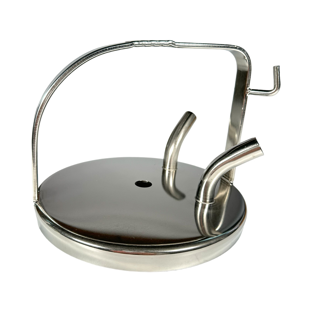 Melkeimerdeckel für Ziegen, Edelstahl, 2 x Stutzen 17 mm, mit Loch, Bügelhöhe 143 mm