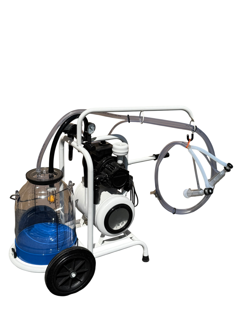 Minimilker "Ziege Classic" mit Vakuumtank, ITP Ziegen Melkzeug, Silikon Zitzengummis, Vakuumuhr und Vakuumregler, 30 ltr. Kunststoff Eimer, Vakuumpumpe 220 V, 200L/min, Black Milk Pulsator und PVC Schläuche