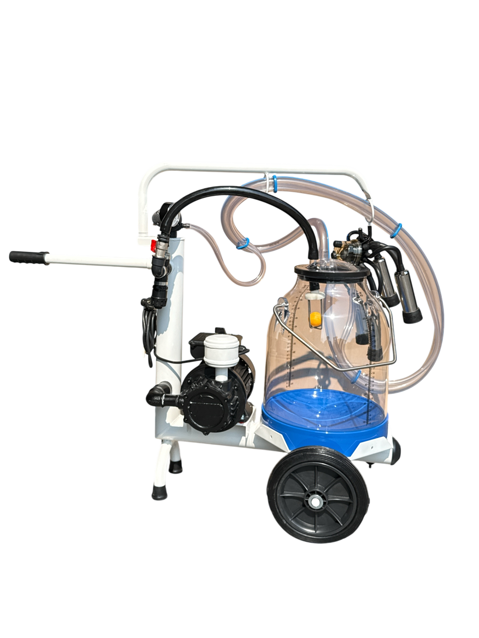 Minimilker für Kühe ohne Vakuumtank und 230 V Vakuumpumpe 200 L/min, Black Milk Pulsator 60:40, Vakuumuhr, blauen 30 Liter Kunststoff Eimer mit Deckel, mit kompl. HCC150 Melkzeug und PVC- Schläuchen