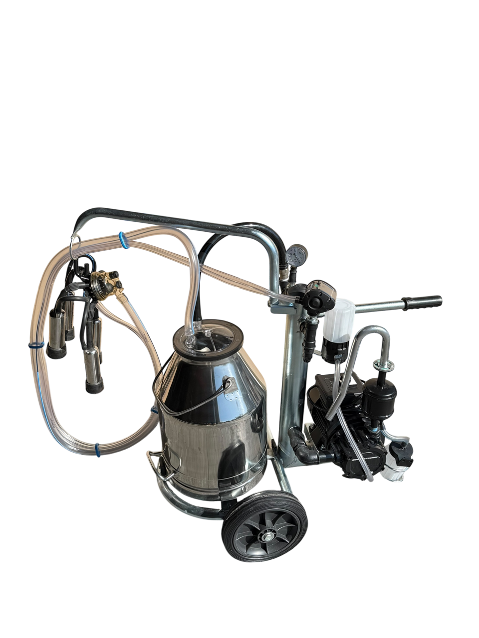 Minimilker Modell ECO+, Vakuumpumpe geölt, 30 Liter Edelstahl Eimer, 150cc Melkzeug std., Black Milk 60/40 Pulsator kompl.